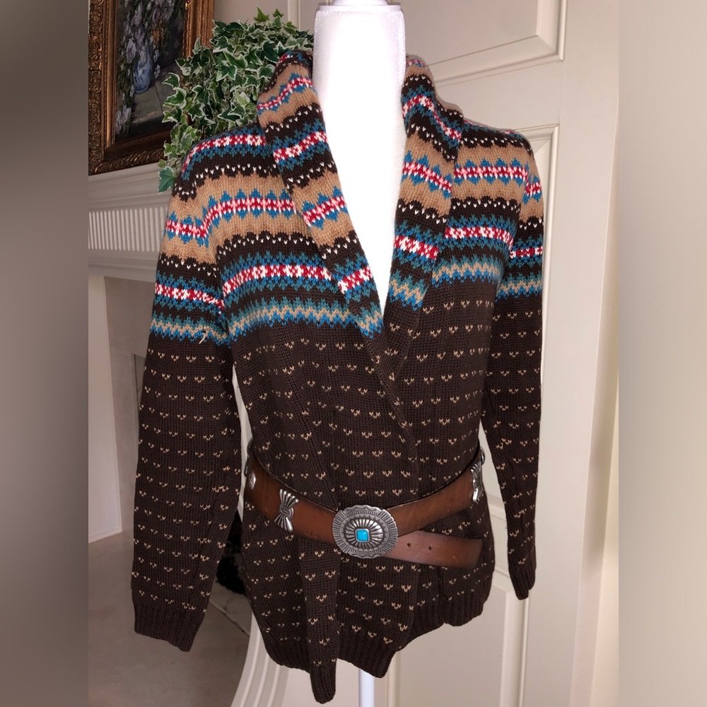 Chaps Brown Fair Isle Shawl Collar Sweater Cardigan